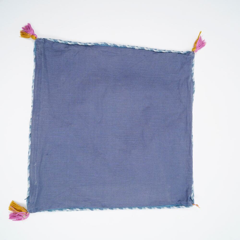 Moroccan Embroidered Pillow Cover 20x20 Blue Cotton Fringe Tassel Cushion Cover - Picture 5 of 7